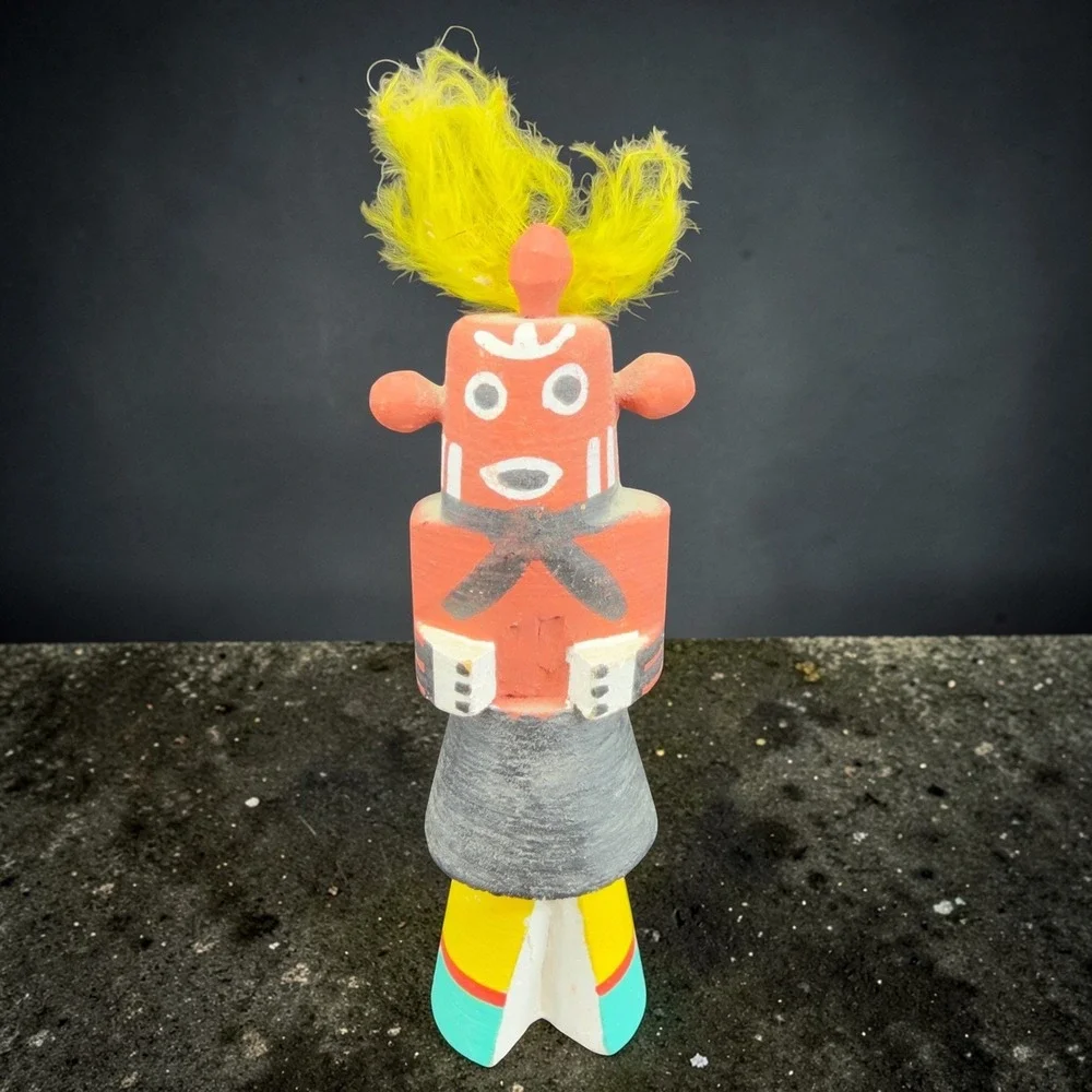 Vintage Hand Painted Wooden Mudhead Kachina Doll Yellow Feathers Folk Art Signed